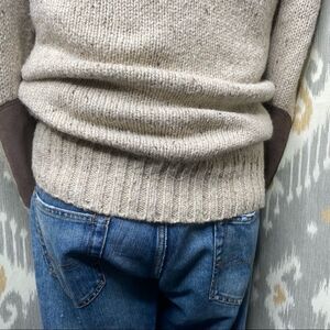 Polo Ralph Lauren ~ Cream Mélange Tweed V-Neck Brown Suede Elbow Patch Sweater